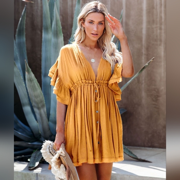 New Flowy Gauze Cover Up Mini Dress Deep Plunge Flutter Sleeve Summer Yellow